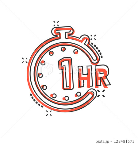 1 hour clock icon in comic style. Timer countdown cartoon vector illustration on isolated background. Time measure splash effect sign business concept. 1 hour clock icon in comic style. Timer countdown cartoon vector illustration on isolated background. Time measure splash effect sign business concept. 128481573