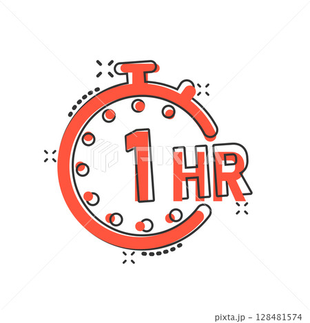 1 hour clock icon in comic style. Timer countdown cartoon vector illustration on isolated background. Time measure splash effect sign business concept. 1 hour clock icon in comic style. Timer countdown cartoon vector illustration on isolated background. Time measure splash effect sign business concept. 128481574