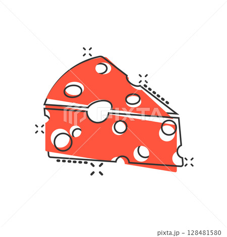 Cheese slice icon in comic style. Milk food cartoon vector illustration on isolated background. Breakfast splash effect sign business concept. 128481580