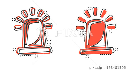 Emergency alarm icon in comic style. Alert lamp cartoon vector illustration on isolated background. Police urgency splash effect sign business concept. 128481596