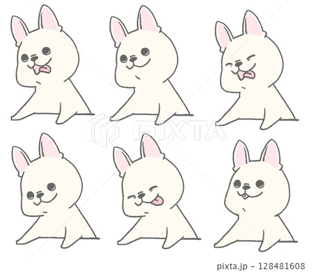 舌を出したりしているフレンチブルドッグのアイコンセット(白色) 128481608