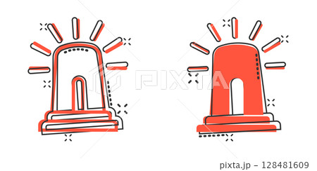 Emergency alarm icon in comic style. Alert lamp cartoon vector illustration on isolated background. Police urgency splash effect sign business concept. 128481609