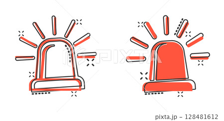 Emergency alarm icon in comic style. Alert lamp cartoon vector illustration on isolated background. Police urgency splash effect sign business concept. Emergency alarm icon in comic style. Alert lamp cartoon vector illustration on isolated background. Police urgency splash effect sign business concept. 128481612