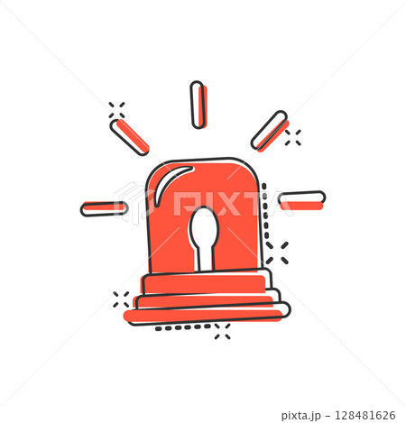 Emergency alarm icon in comic style. Alert lamp cartoon vector illustration on isolated background. Police urgency splash effect sign business concept. Emergency alarm icon in comic style. Alert lamp cartoon vector illustration on isolated background. Police urgency splash effect sign business concept. 128481626