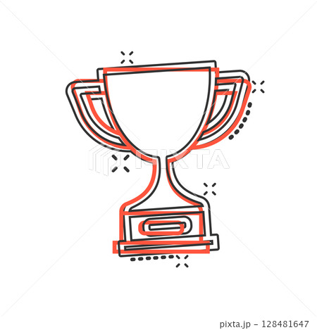Trophy cup icon in comic style. Goblet prize cartoon vector illustration on isolated background. Award splash effect sign business concept. Trophy cup icon in comic style. Goblet prize cartoon vector illustration on isolated background. Award splash effect sign business concept. 128481647