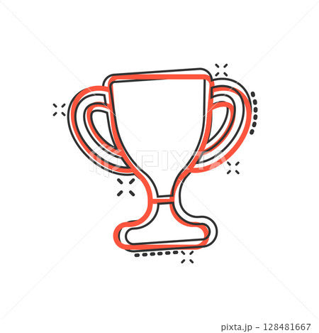 Trophy cup icon in comic style. Goblet prize cartoon vector illustration on isolated background. Award splash effect sign business concept. 128481667