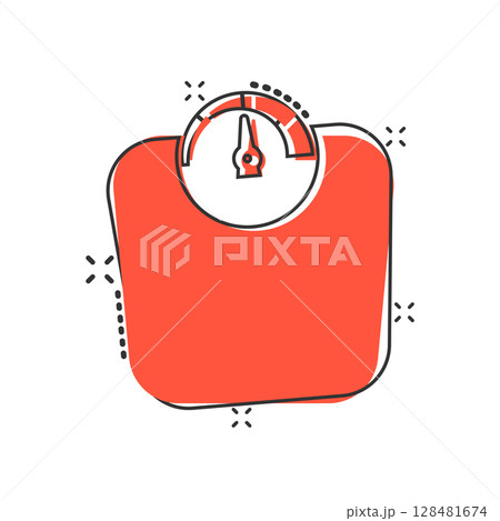 Bathroom weight scale icon in comic style. Mass measurement cartoon vector illustration on isolated background. Overweight splash effect sign business concept. Bathroom weight scale icon in comic style. Mass measurement cartoon vector illustration on isolated background. Overweight splash effect sign business concept. 128481674