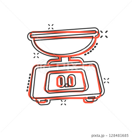 Bathroom weight scale icon in comic style. Mass measurement cartoon vector illustration on isolated background. Overweight splash effect sign business concept. 128481685