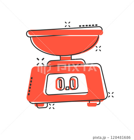 Bathroom weight scale icon in comic style. Mass measurement cartoon vector illustration on isolated background. Overweight splash effect sign business concept. 128481686