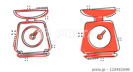 Bathroom weight scale icon in comic style. Mass measurement cartoon vector illustration on isolated background. Overweight splash effect sign business concept. Bathroom weight scale icon in comic style. Mass measurement cartoon vector illustration on isolated background. Overweight splash effect sign business concept. 128481690