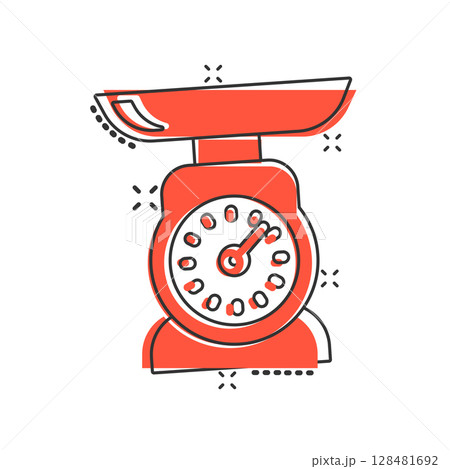 Bathroom weight scale icon in comic style. Mass measurement cartoon vector illustration on isolated background. Overweight splash effect sign business concept. 128481692