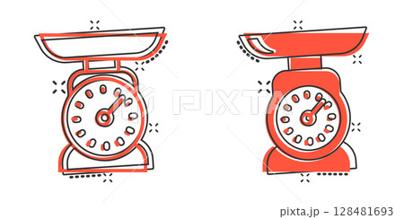 Bathroom weight scale icon in comic style. Mass measurement cartoon vector illustration on isolated background. Overweight splash effect sign business concept. 128481693