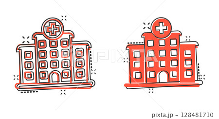 Hospital building icon in comic style. Medical clinic cartoon vector illustration on isolated background. Medicine splash effect sign business concept. 128481710