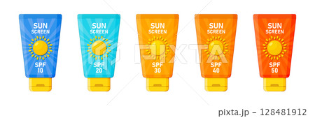 Sunscreen cream icon set collection in flat style. Skin protection vector illustration on isolated background. Skincare pharmacy sign business concept. Sunscreen cream icon set collection in flat style. Skin protection vector illustration on isolated background. Skincare pharmacy sign business concept. 128481912