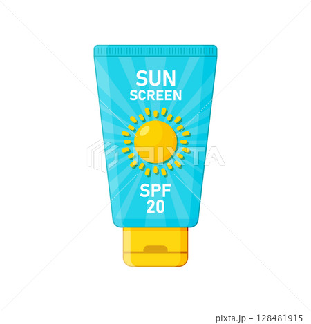 Sunscreen cream icon in flat style. Skin protection vector illustration on isolated background. Skincare pharmacy sign business concept. 128481915