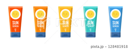 Sunscreen cream icon set collection in flat style. Skin protection vector illustration on isolated background. Skincare pharmacy sign business concept. 128481918