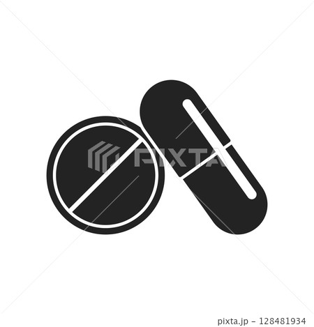 Pill icon in flat style. Drug vector illustration on isolated background. Medicine pharmacy sign business concept. Pill icon in flat style. Drug vector illustration on isolated background. Medicine pharmacy sign business concept. 128481934