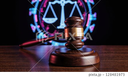 Gavel and Scales Symbolize Justice in Neon Glow 128481973