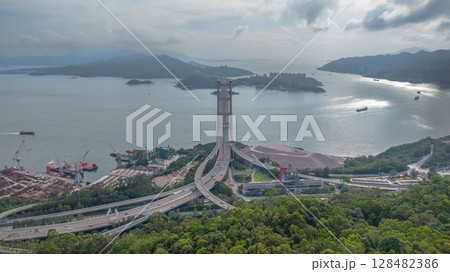 July 13 2025 Scenic Coastal View Featuring a Large Bridge and Surrounding Islands 128482386