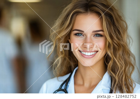 female doctor in white coat talking to a patient 128482752