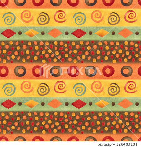 Seamless pattern with African motif of geometric shapes on watercolor stripes background. Watercolor illustration, hand drawn, cartoonish. Design for textile, paper, cards, stickers. Ornament, Africa 128483181