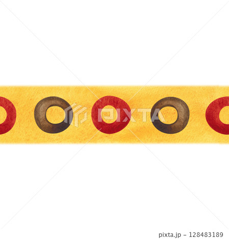 Seamless border of red and brown rings on yellow watercolor background. Watercolor illustration, hand drawn, cartoon. Pattern for textile, paper, cards, stickers. Ornament, Africa, decor Seamless border of red and brown rings on yellow watercolor background. Watercolor illustration, hand drawn, cartoon. Pattern for textile, paper, cards, stickers. Ornament, Africa, decor 128483189