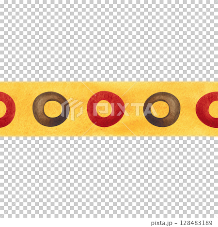 Seamless border of red and brown rings on yellow watercolor background. Watercolor illustration, hand drawn, cartoon. Pattern for textile, paper, cards, stickers. Ornament, Africa, decor Seamless border of red and brown rings on yellow watercolor background. Watercolor illustration, hand drawn, cartoon. Pattern for textile, paper, cards, stickers. Ornament, Africa, decor 128483189
