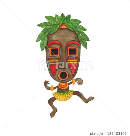 Dancing african aborigine in a long colorful mask with green leaves. Watercolor illustration hand drawn, cartoon. Drawing for poster, stickers, print. Africa, mask, funny, character Dancing african aborigine in a long colorful mask with green leaves. Watercolor illustration hand drawn, cartoon. Drawing for poster, stickers, print. Africa, mask, funny, character 128483191