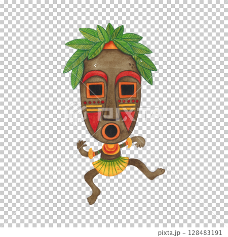 Dancing african aborigine in a long colorful mask with green leaves. Watercolor illustration hand drawn, cartoon. Drawing for poster, stickers, print. Africa, mask, funny, character Dancing african aborigine in a long colorful mask with green leaves. Watercolor illustration hand drawn, cartoon. Drawing for poster, stickers, print. Africa, mask, funny, character 128483191