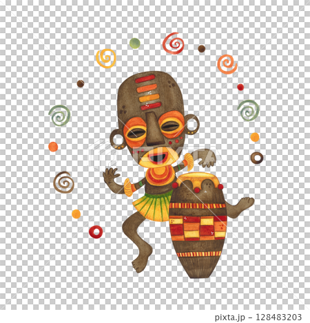 African shamajite playing drum and dancing in mask. Watercolor illustration hand drawn, cartoon. Drawing for textile, paper, postcards, stickers. face, holiday, carnival, travel, national, costume African shamajite playing drum and dancing in mask. Watercolor illustration hand drawn, cartoon. Drawing for textile, paper, postcards, stickers. face, holiday, carnival, travel, national, costume 128483203