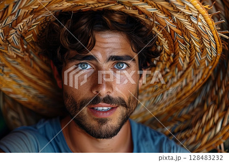 Handsome Man With Bright Blue Eyes And Straw Hat 128483232