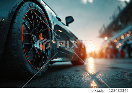 Close Up of Race Car Wheel on Track 128483343