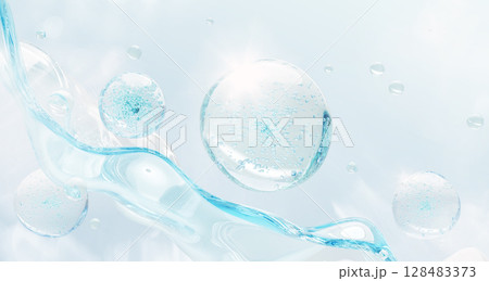 3d blue water texture with gel cleanser drops, liquid transparent wave and splash. Aqua background with air bubbles, beauty care collagen serum, hyaluron skin acid or moisture cream. 3D illustration 128483373
