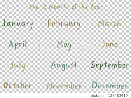 手寫英文月份名稱套裝（12個月）自然觸感 | 有機色彩 128483419
