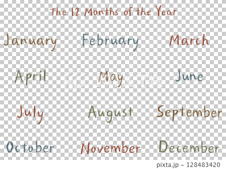 手書き英語月名セット（12ヶ月）ナチュラルタッチ｜ヴィンテージカラー 128483420