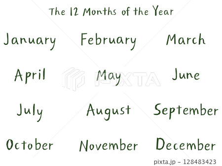手書き英語月名セット（12ヶ月）ナチュラルタッチ｜緑 128483423