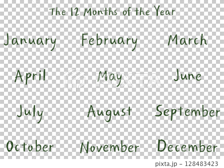手書き英語月名セット（12ヶ月）ナチュラルタッチ｜緑 128483423