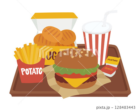 トレーに乗ったドリンクとポテトとナゲット付きのチーズハンバーガーセットのイラスト トレーに乗ったドリンクとポテトとナゲット付きのチーズハンバーガーセットのイラスト 128483443