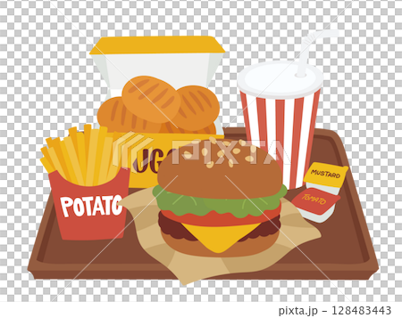 Illustration of a set of cheeseburgers with drinks, fries and nuggets on a tray Illustration of a set of cheeseburgers with drinks, fries and nuggets on a tray 128483443