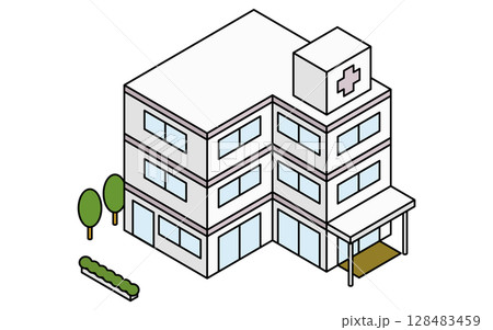 病院のシンプルな線画アイソメトリックイラスト 128483459