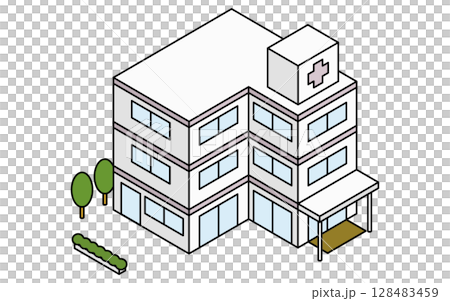 病院のシンプルな線画アイソメトリックイラスト 128483459