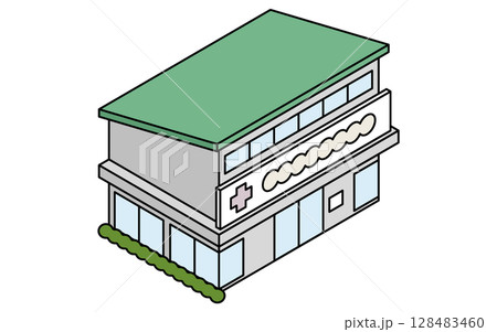 街の小さなクリニックのシンプルな線画アイソメトリックイラスト 128483460