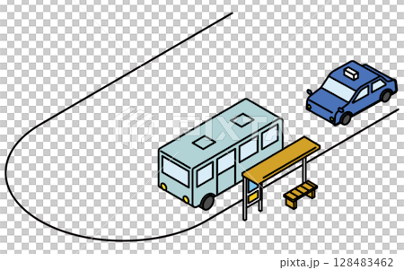 バス停のあるロータリーにバスとタクシーが停車しているシンプルな線画アイソメトリックイラスト 128483462
