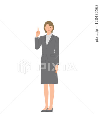 ビジネススーツを着た笑顔の若い女性：指差し 128483568