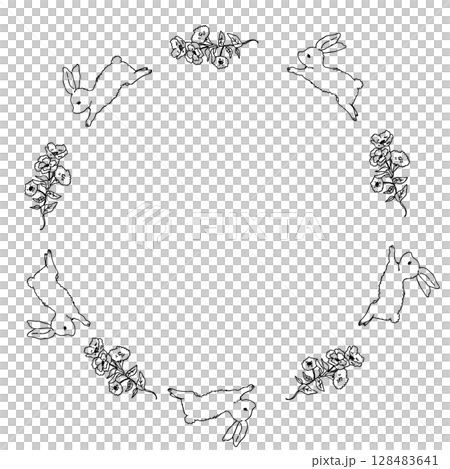 Simple line drawing of rabbit and bouquet of flowers round frame label design 128483641