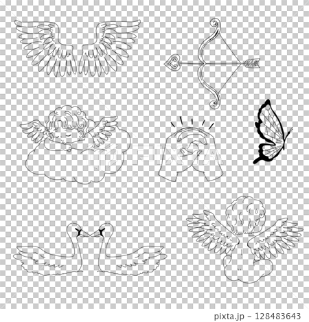 Set of illustrations of angel wings, ducks, and bows and arrows Retro line art illustrations and label designs 128483643
