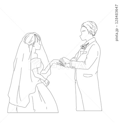 シンプルな線画の指輪交換をする新郎新婦、結婚式、ウェディング 128483647