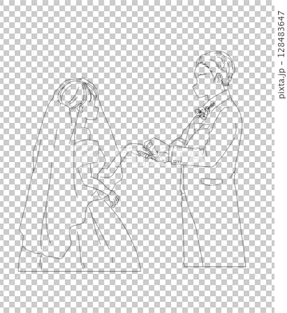 シンプルな線画の指輪交換をする新郎新婦、結婚式、ウェディング 128483647