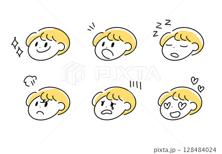 感情いろいろ 男の子の表情セット（シンプル線画・黄色髪） 128484024