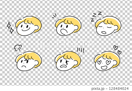 感情いろいろ 男の子の表情セット（シンプル線画・黄色髪） 128484024